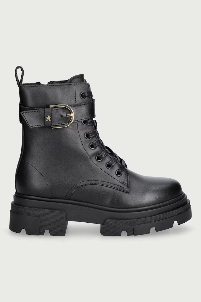 Tommy Hilfiger кубинки дамски от кожа LEATHER TH BUCKLED LACE-UP BOOT черни FW0FW09550