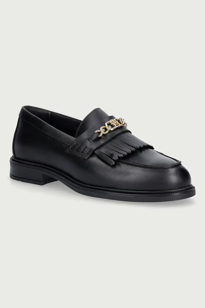 Tommy Hilfiger мокасини дамски от кожа TH CHAIN FRINGE LEATHER LOAFER черни FW0FW09668