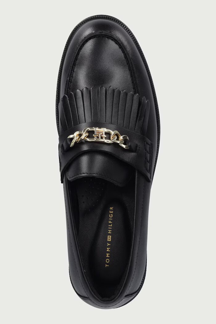 Tommy Hilfiger мокасини дамски от кожа TH CHAIN FRINGE LEATHER LOAFER черни FW0FW09668