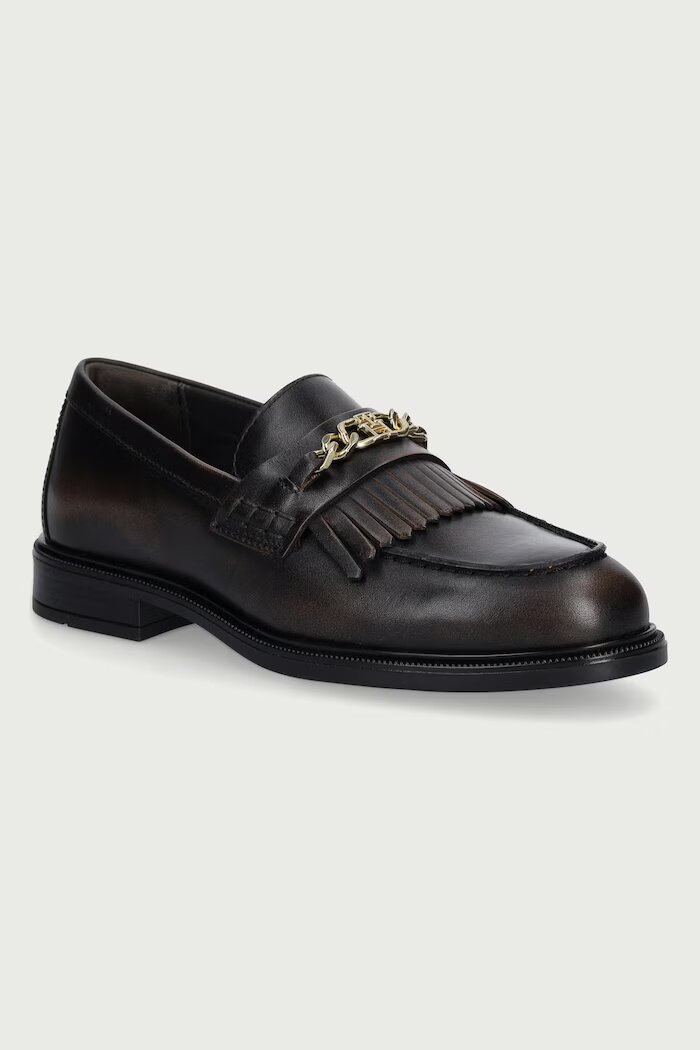 Tommy Hilfiger мокасини дамски от кожа TH CHAIN FRINGE LEATHER LOAFER кафяви FW0FW09668