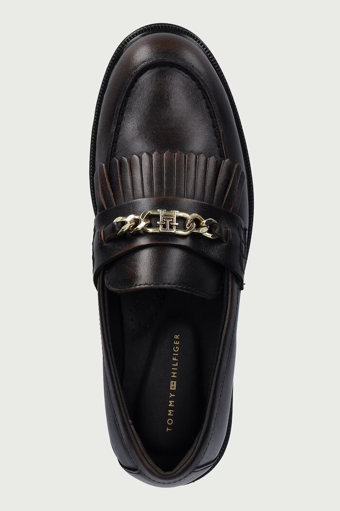 Tommy Hilfiger мокасини дамски от кожа TH CHAIN FRINGE LEATHER LOAFER кафяви FW0FW09668