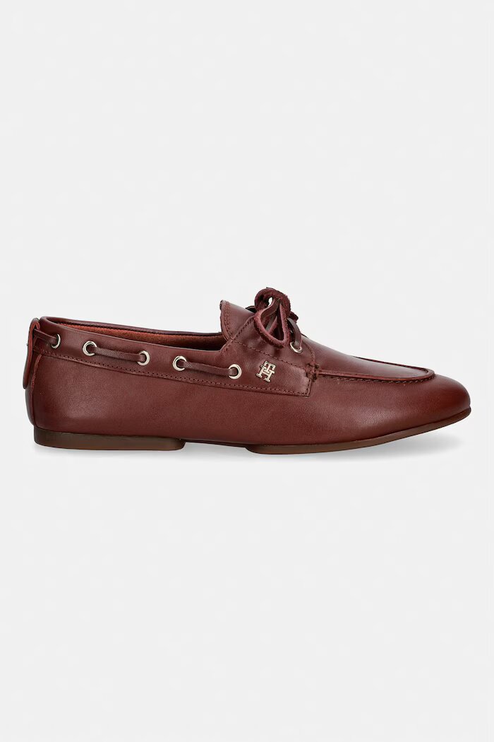Tommy Hilfiger мокасини дамски от кожа TH SLEEK LEATHER BOAT SHOE бордо FW0FW09148