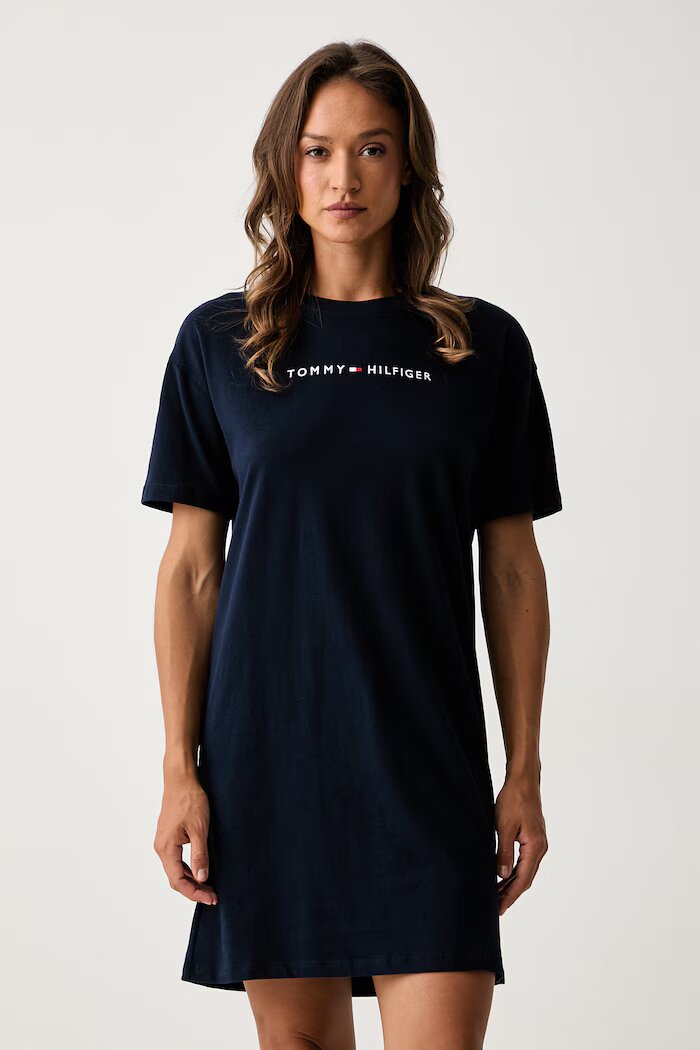 Tommy Hilfiger нощница дамска от памук тъмносиня UW0UW06689