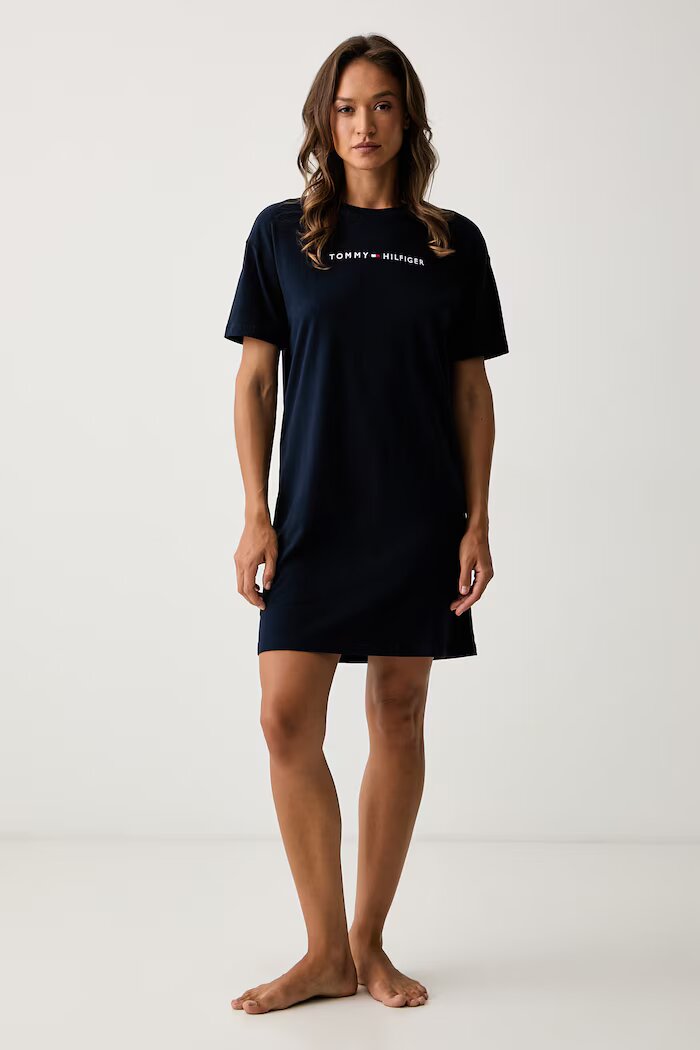 Tommy Hilfiger нощница дамска от памук тъмносиня UW0UW06689