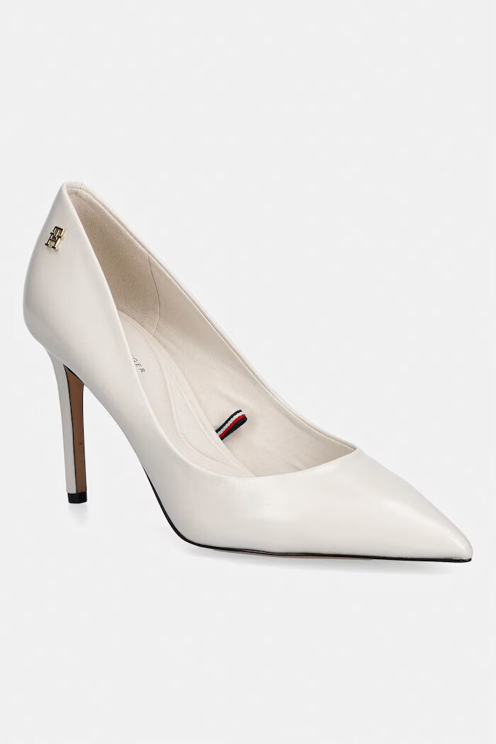 Tommy Hilfiger обувки с ток от кожа ESSENTIAL POINTED PUMP бели FW0FW09362