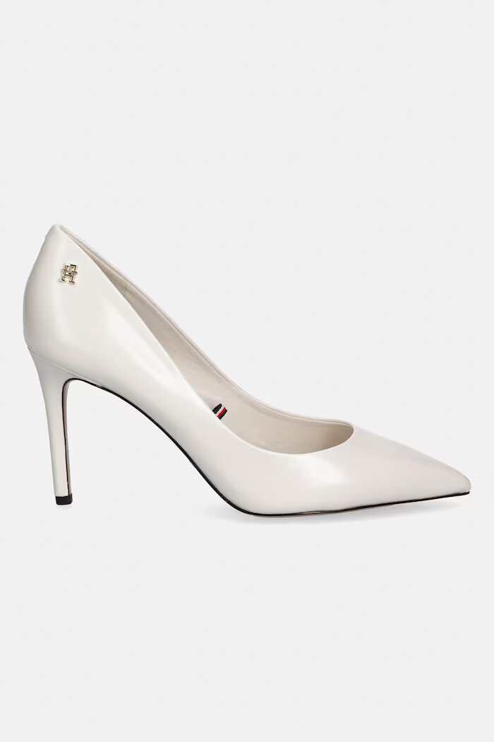 Tommy Hilfiger обувки с ток от кожа ESSENTIAL POINTED PUMP бели FW0FW09362