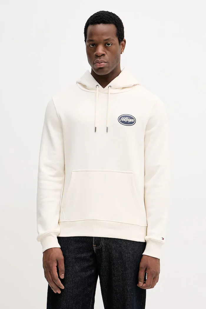 Tommy Hilfiger Памучен суичър мъжки в бежово с качулка с принт MW0MW41434