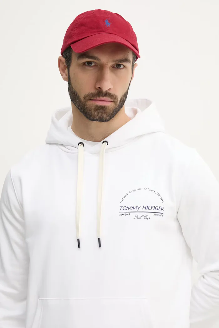 Tommy Hilfiger Памучен суичър в бяло с качулка с принт MW0MW38671