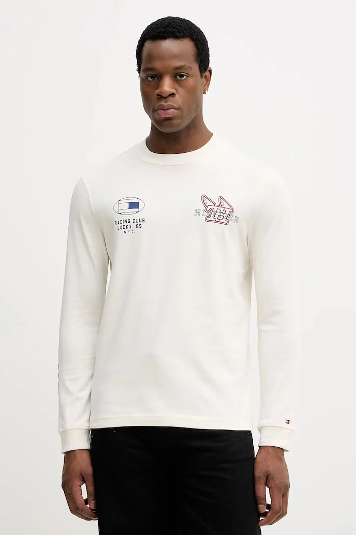 Tommy Hilfiger Памучна блуза с дълги ръкави в бежово с принт MW0MW41467