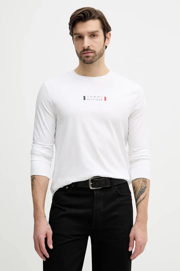 Tommy Hilfiger Памучна блуза с дълги ръкави в бяло с принт MW0MW41454