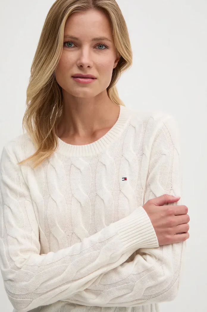 Tommy Hilfiger пуловер дамски от вълна бежов WW0WW43586