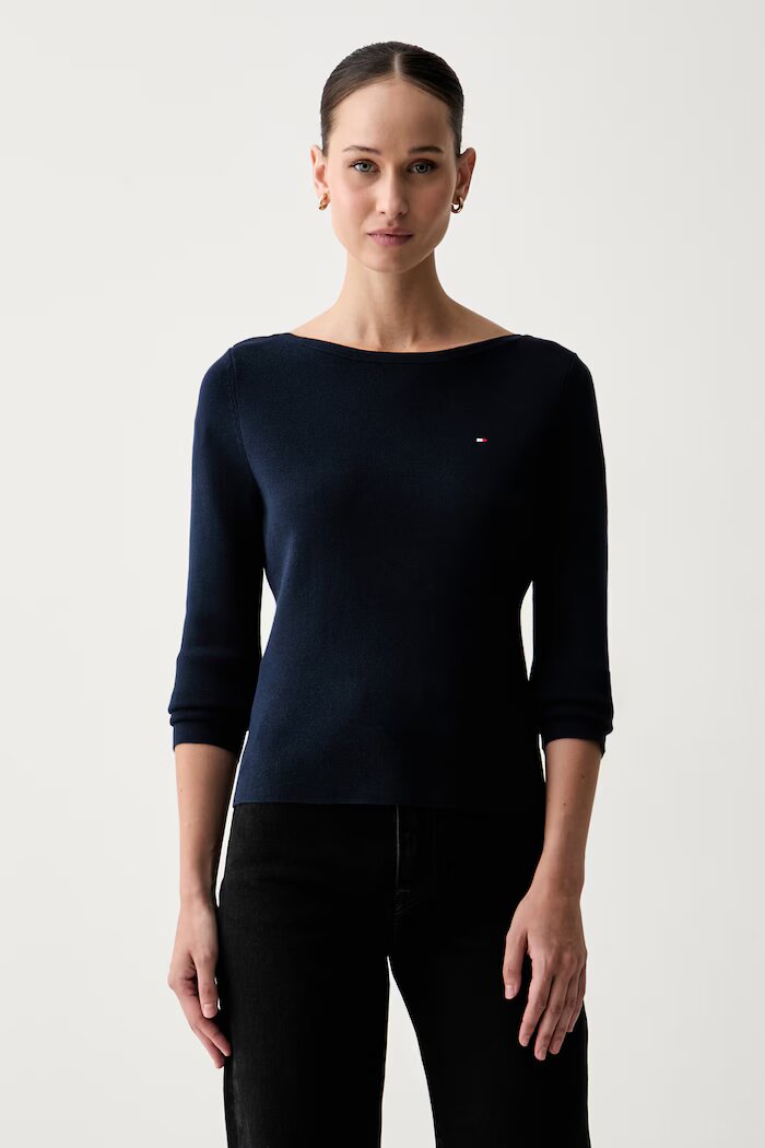 Tommy Hilfiger пуловер дамски с памук тъмносин WW0WW50107