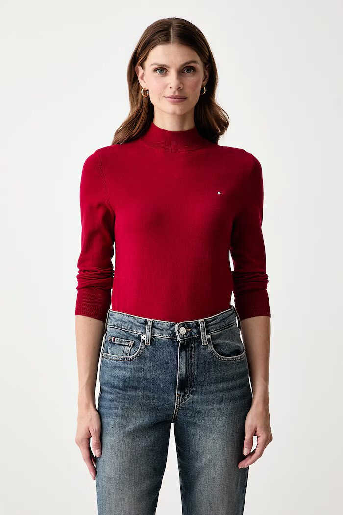 Tommy Hilfiger пуловер с ниско поло дамски с памук червен WW0WW51383