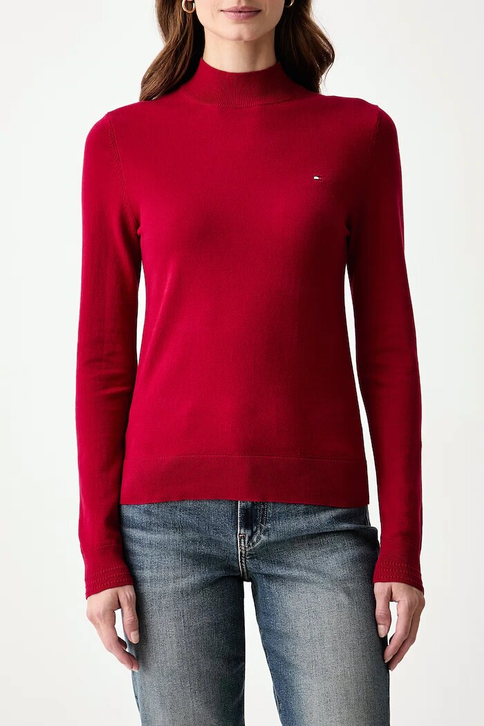 Tommy Hilfiger пуловер с ниско поло дамски с памук червен WW0WW51383