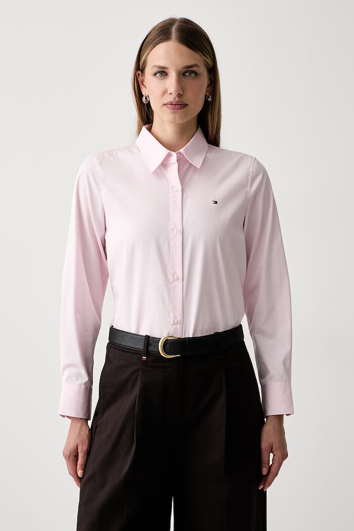 Tommy Hilfiger риза дамска от памук розова на райе WW0WW51155