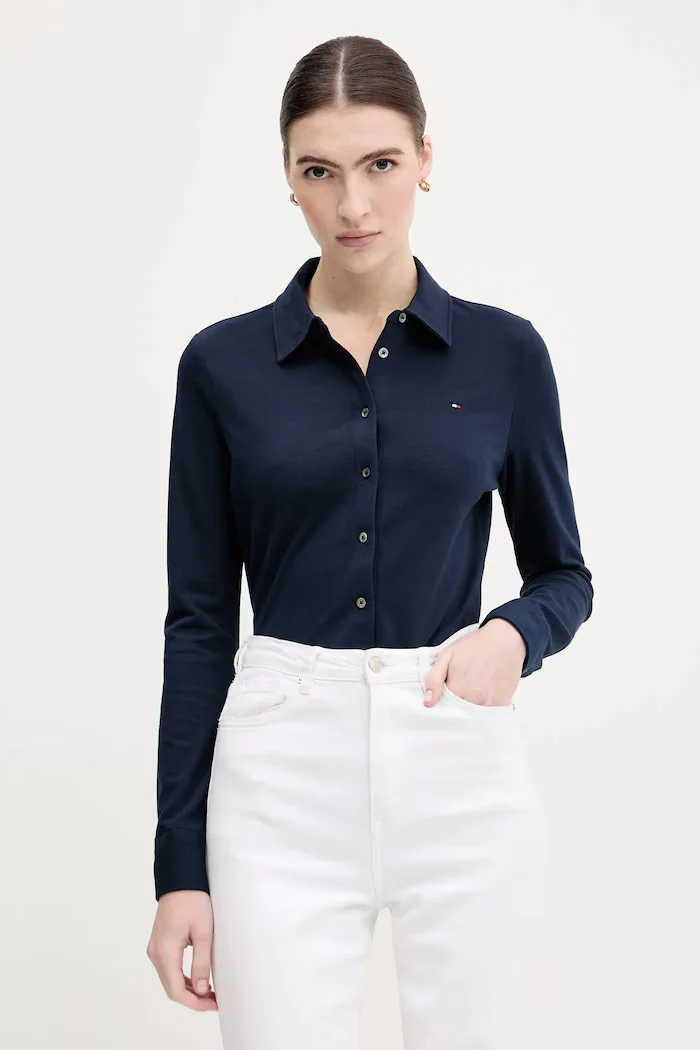 Tommy Hilfiger риза дамска от памук с еластан тъмносиня WW0WW43528