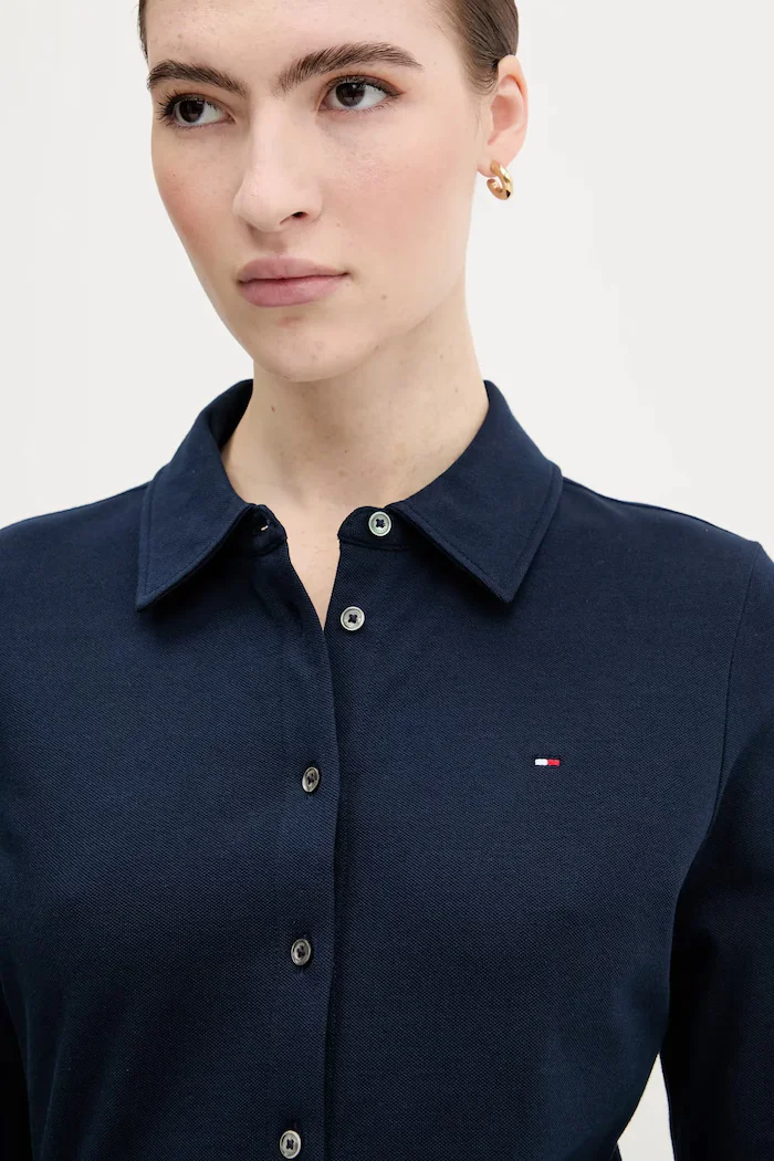 Tommy Hilfiger риза дамска от памук с еластан тъмносиня WW0WW43528