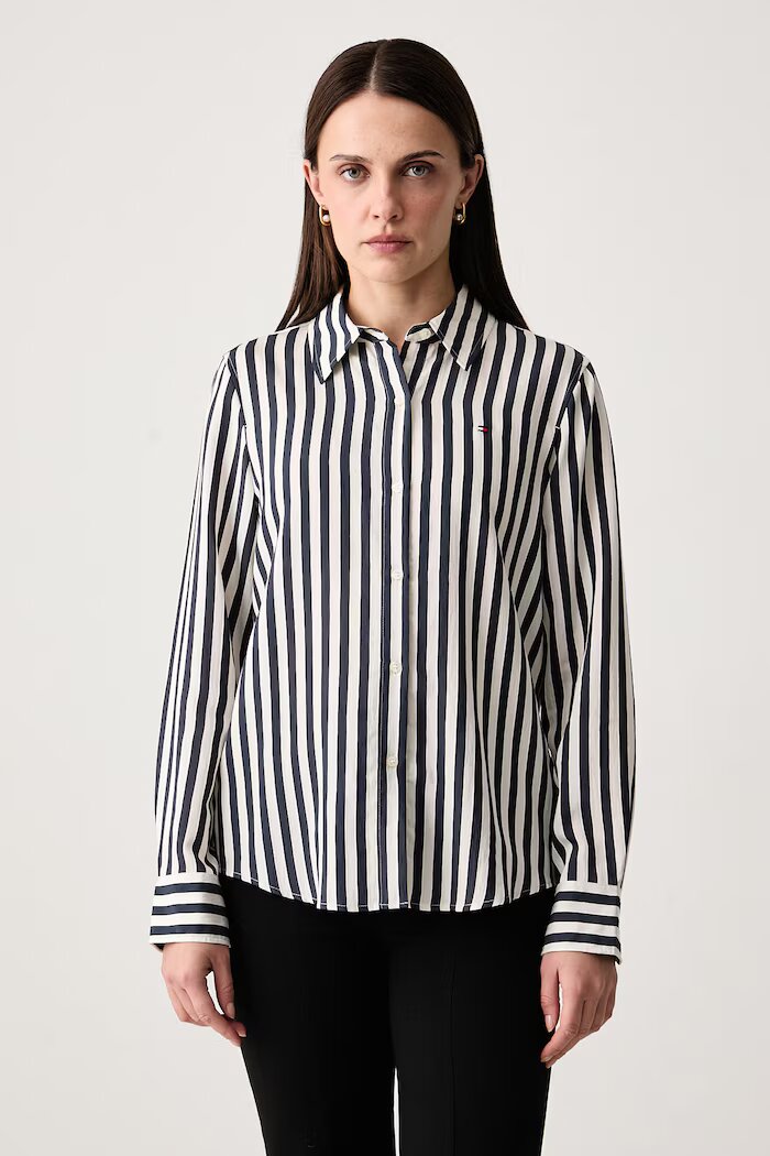 Tommy Hilfiger риза дамска с вискоза тъмносиня на райе WW0WW52927