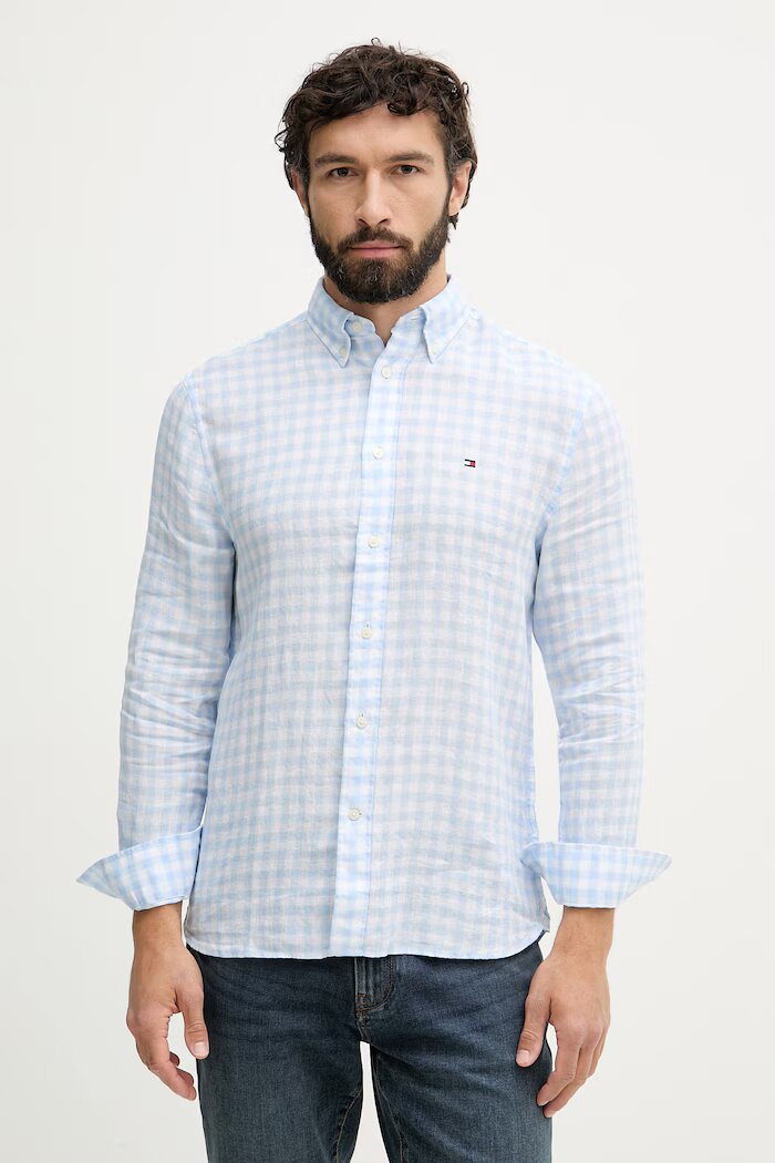 Tommy Hilfiger риза мъжка от лен синя на каре MW0MW42401