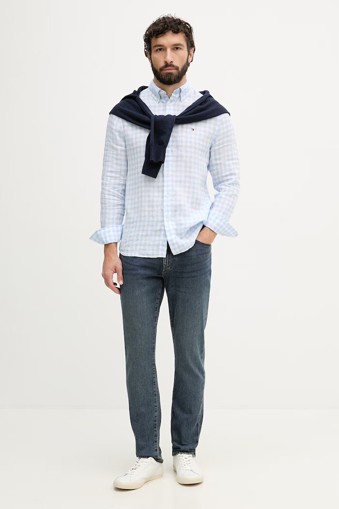 Tommy Hilfiger риза мъжка от лен синя на каре MW0MW42401