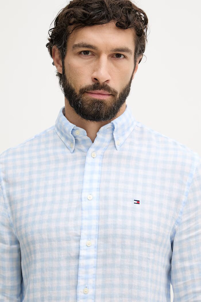 Tommy Hilfiger риза мъжка от лен синя на каре MW0MW42401