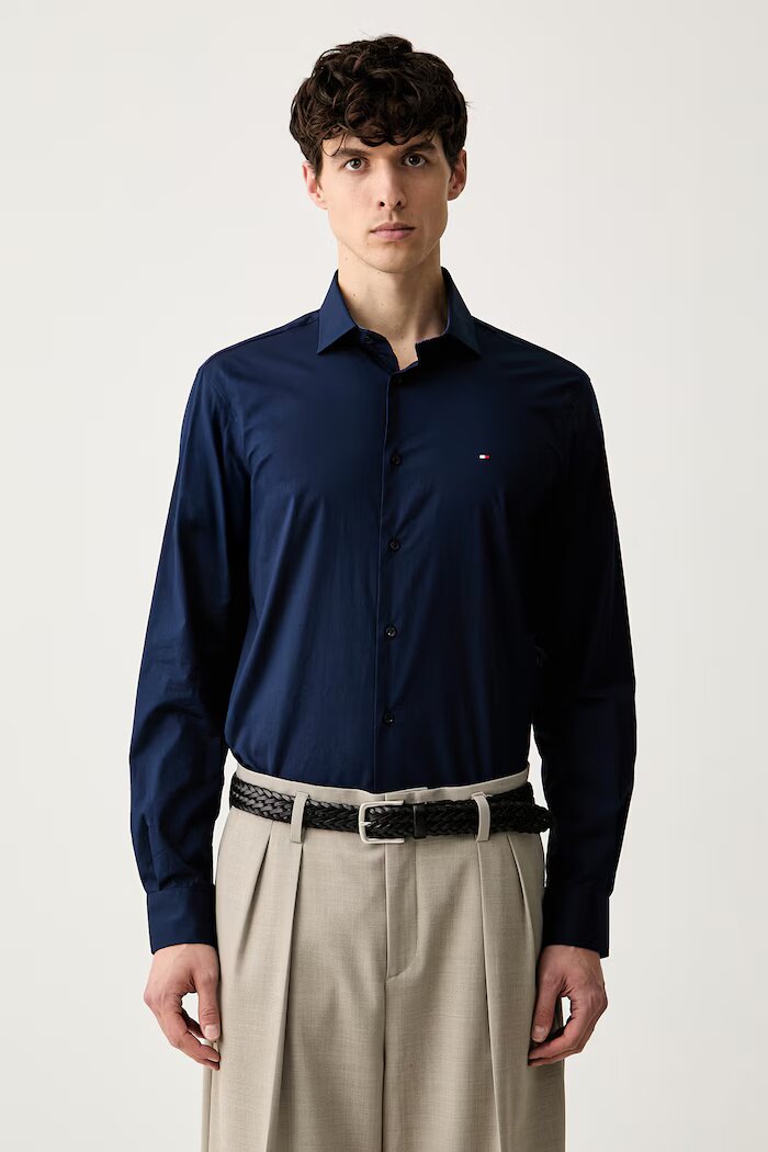 Tommy Hilfiger риза мъжка от памук с еластан тъмносиня MW0MW43749