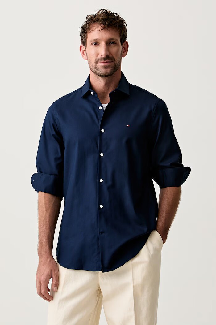 Tommy Hilfiger риза мъжка от памук тъмносиня MW0MW43747
