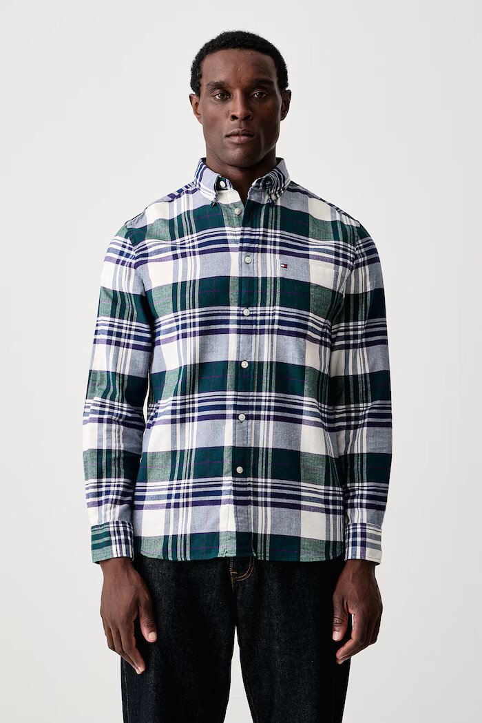 Tommy Hilfiger риза мъжка от памук зелена на каре MW0MW44592