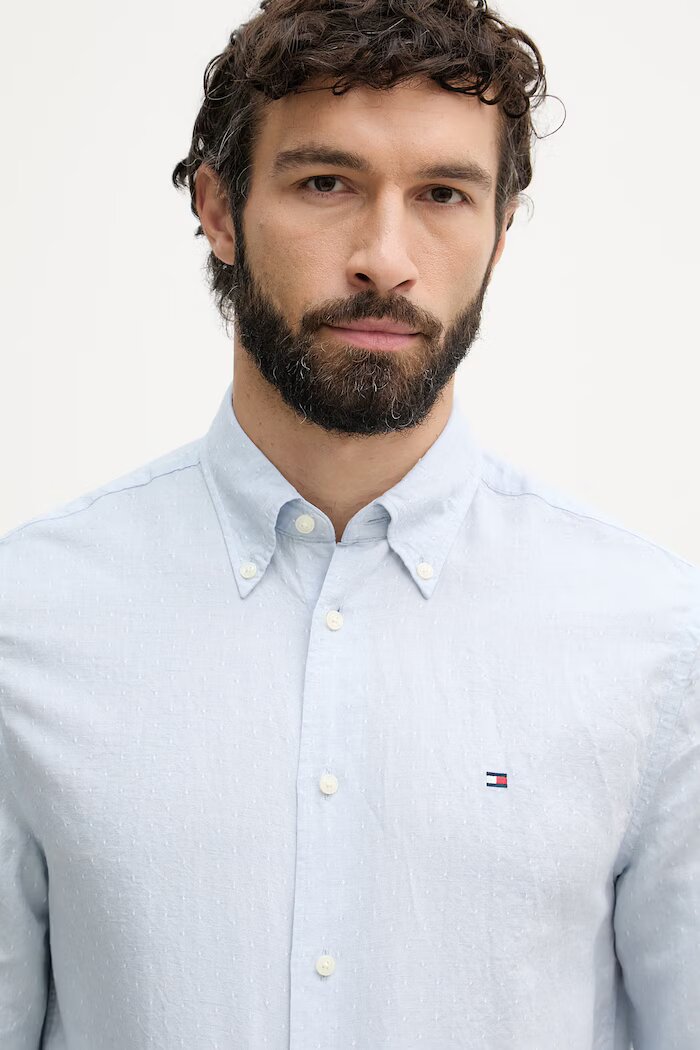 Tommy Hilfiger Риза мъжка с добавен лен синя MW0MW42453