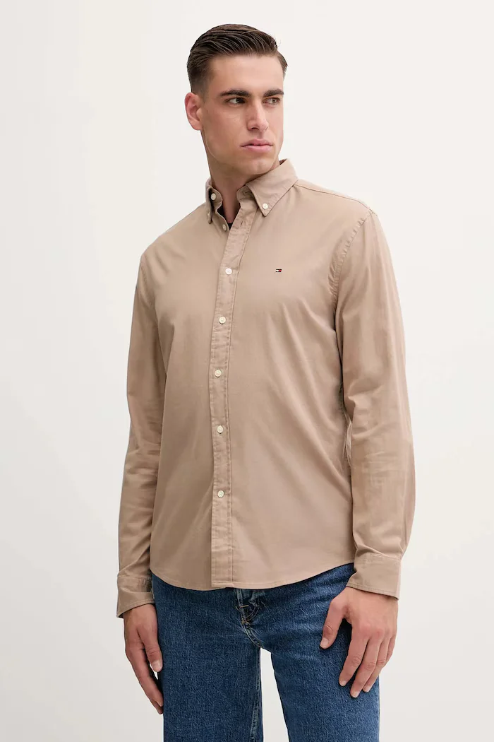 Tommy Hilfiger риза мъжка с памук кафява MW0MW40469