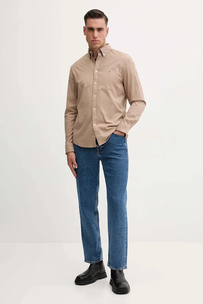 Tommy Hilfiger риза мъжка с памук кафява MW0MW40469