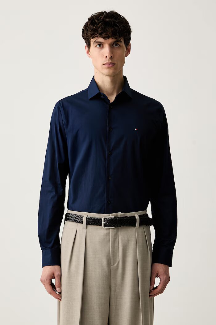 Tommy Hilfiger риза мъжка с памук тъмносиня MW0MW43122
