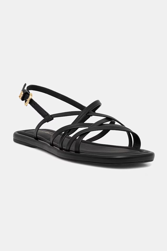 Tommy Hilfiger сандали дамски от кожа FLAT STRAPPY SANDAL LTH черни FW0FW09220
