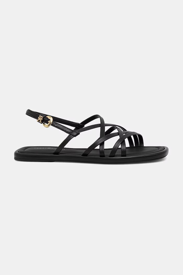 Tommy Hilfiger сандали дамски от кожа FLAT STRAPPY SANDAL LTH черни FW0FW09220