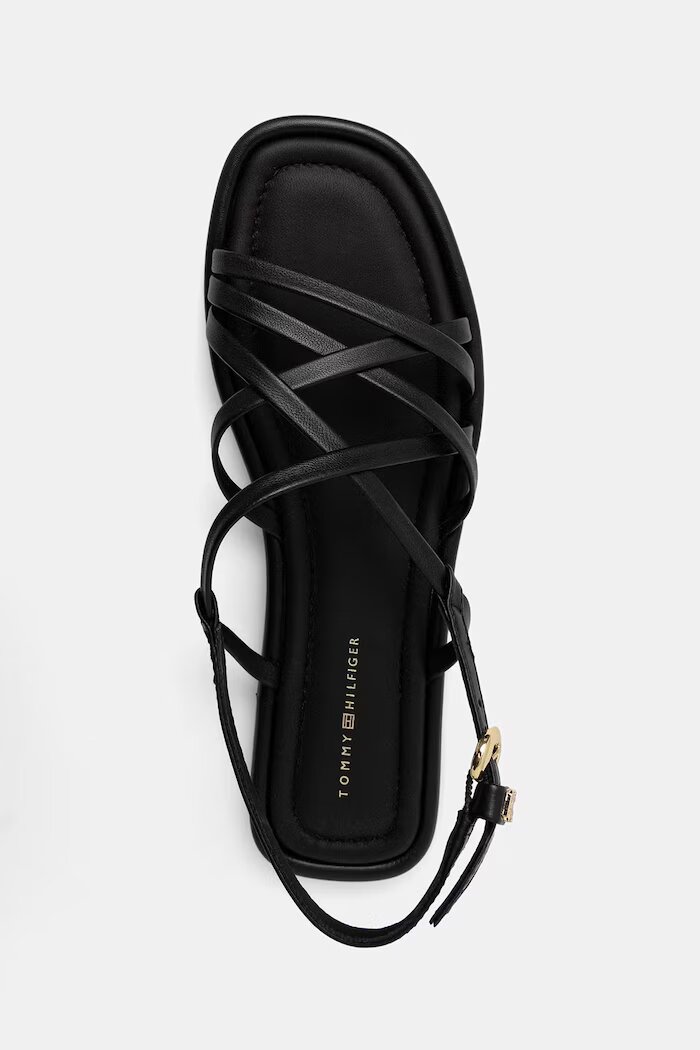 Tommy Hilfiger сандали дамски от кожа FLAT STRAPPY SANDAL LTH черни FW0FW09220
