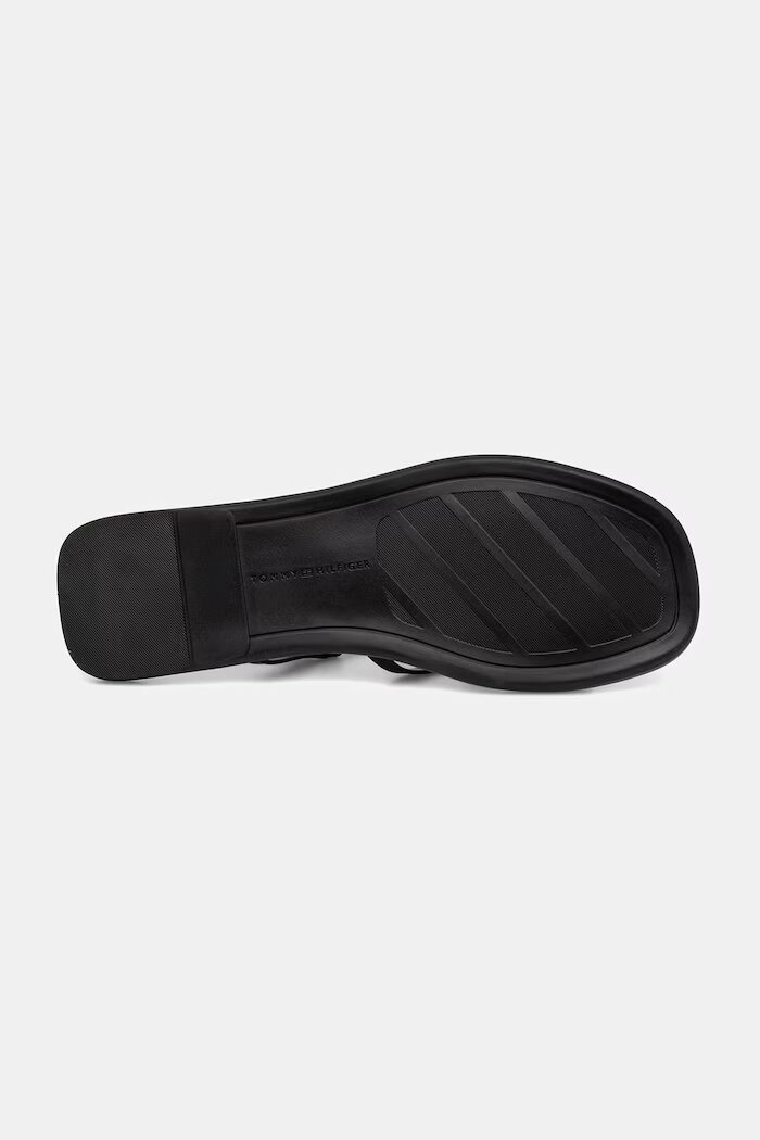 Tommy Hilfiger сандали дамски от кожа FLAT STRAPPY SANDAL LTH черни FW0FW09220