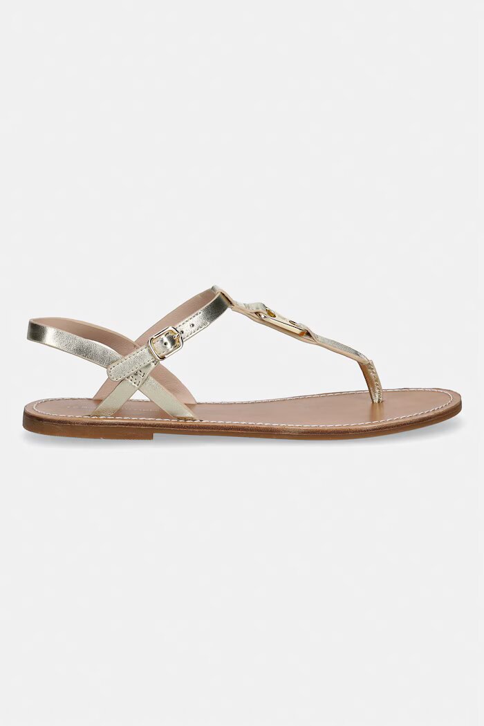 Tommy Hilfiger сандали с равна подметка дамски от кожа LEATHER THONG SANDAL GOLD златни FW0FW09331