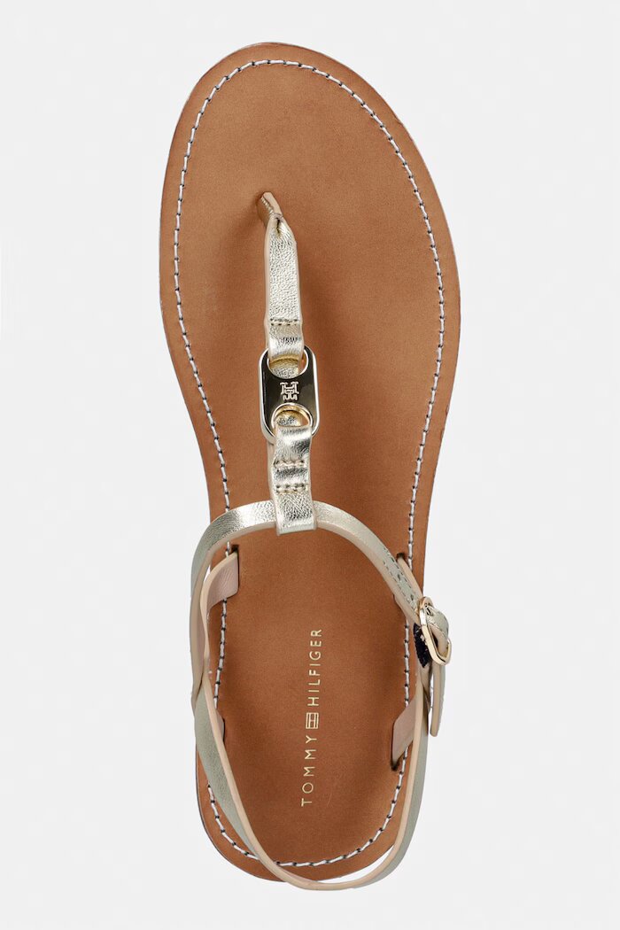 Tommy Hilfiger сандали с равна подметка дамски от кожа LEATHER THONG SANDAL GOLD златни FW0FW09331