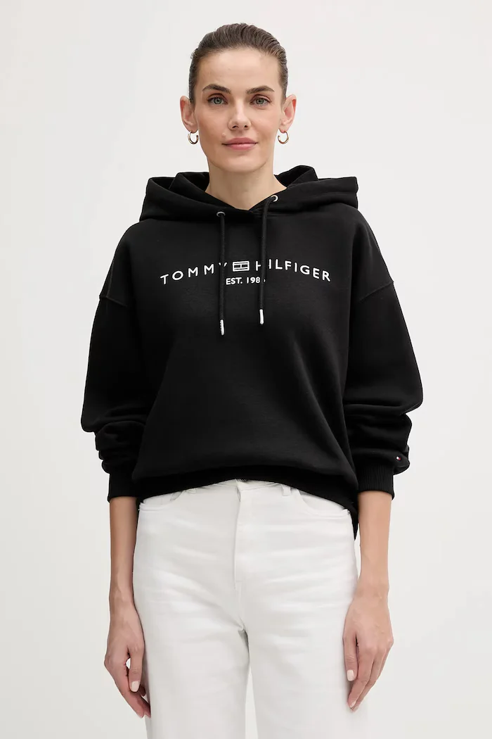 Tommy Hilfiger суичър с качулка дамски с памук черен WW0WW47832