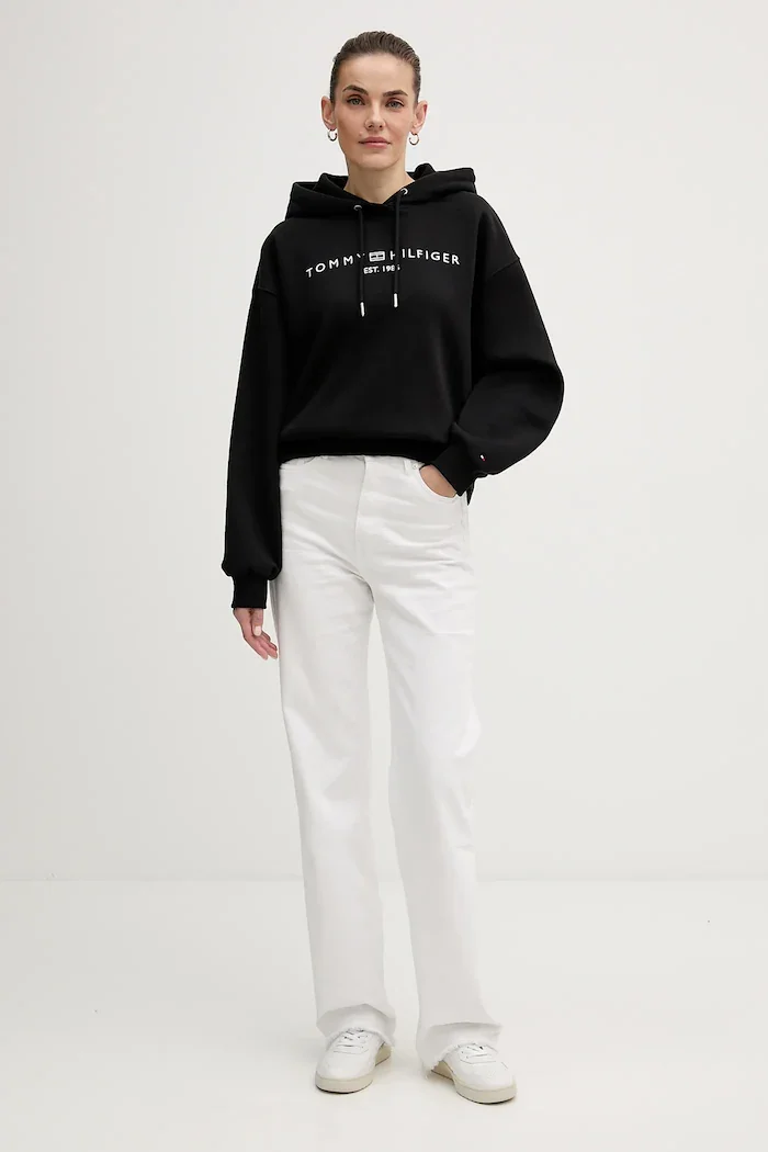 Tommy Hilfiger суичър с качулка дамски с памук черен WW0WW47832