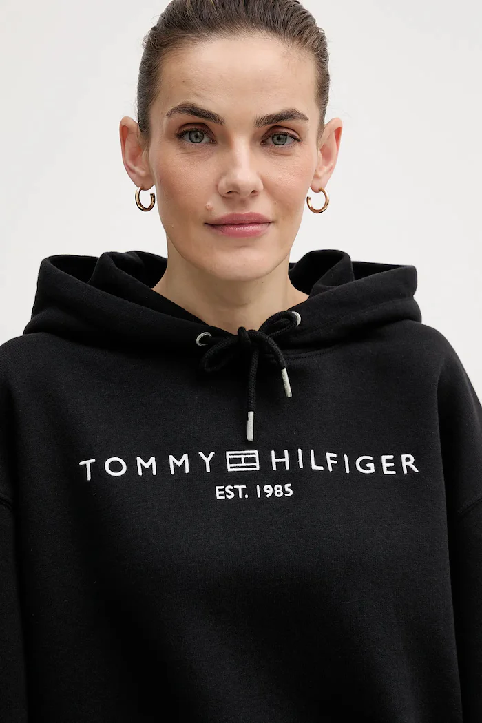 Tommy Hilfiger суичър с качулка дамски с памук черен WW0WW47832
