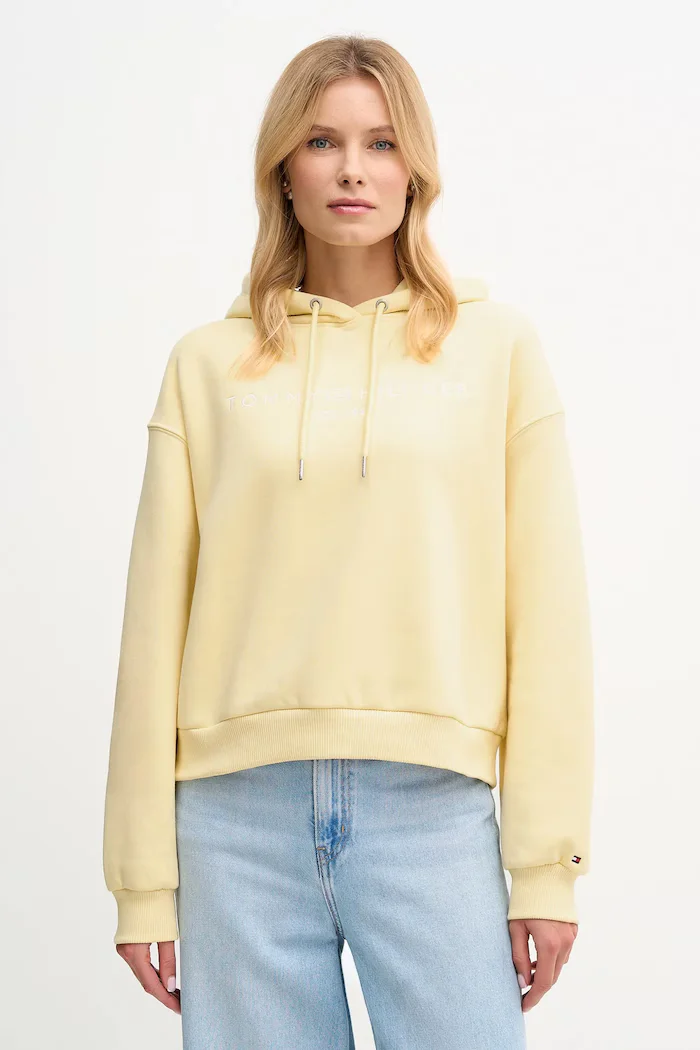 Tommy Hilfiger суичър с качулка дамски с памук жълт WW0WW47832