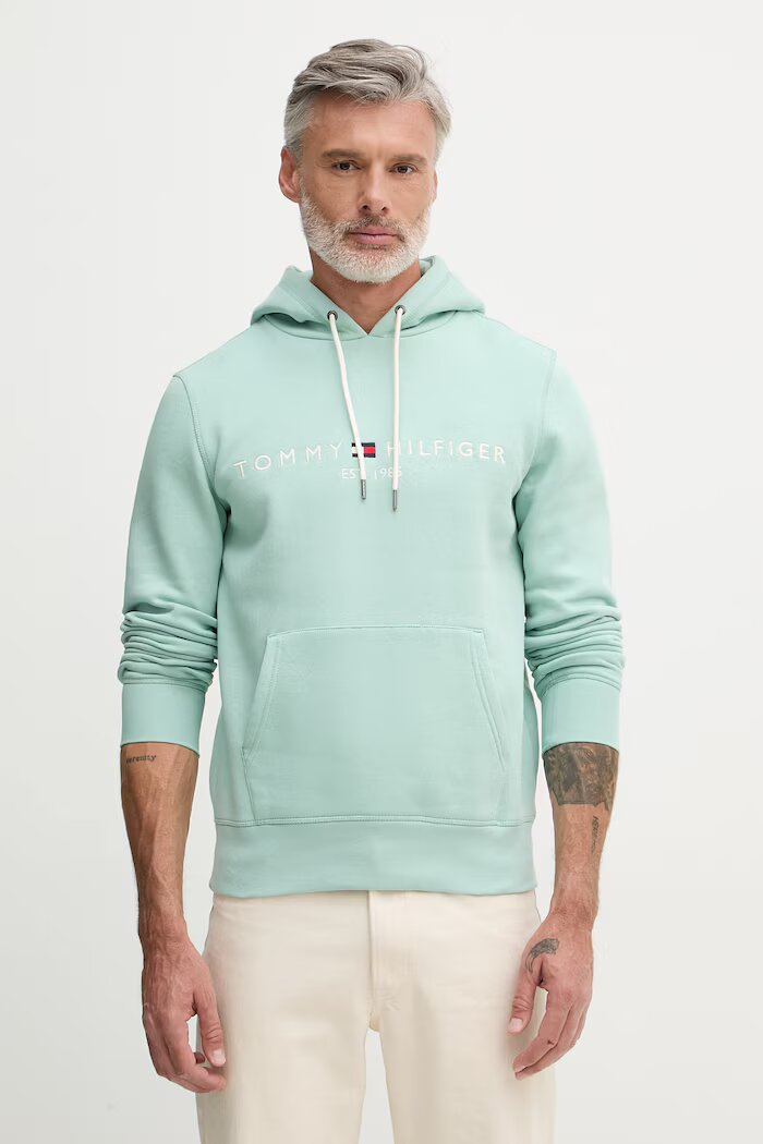 Tommy Hilfiger суичър с качулка мъжки с памук тюркоазен MW0MW11599