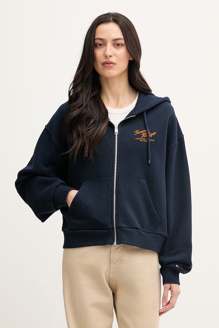 Tommy Hilfiger суичър с цип дамски от памук тъмносин WW0WW47845