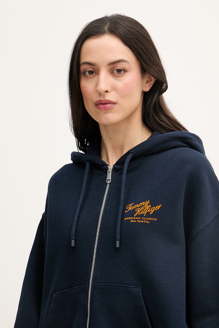 Tommy Hilfiger суичър с цип дамски от памук тъмносин WW0WW47845