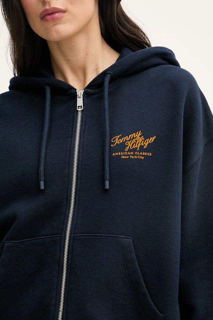 Tommy Hilfiger суичър с цип дамски от памук тъмносин WW0WW47845