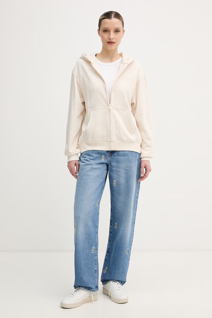 Tommy Hilfiger Суичър с цип и качулка дамски с памук бежов UW0UW06093
