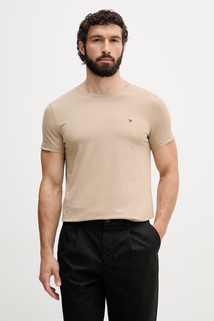 Tommy Hilfiger тениска basic мъжка от памук с еластан бежова MW0MW10800