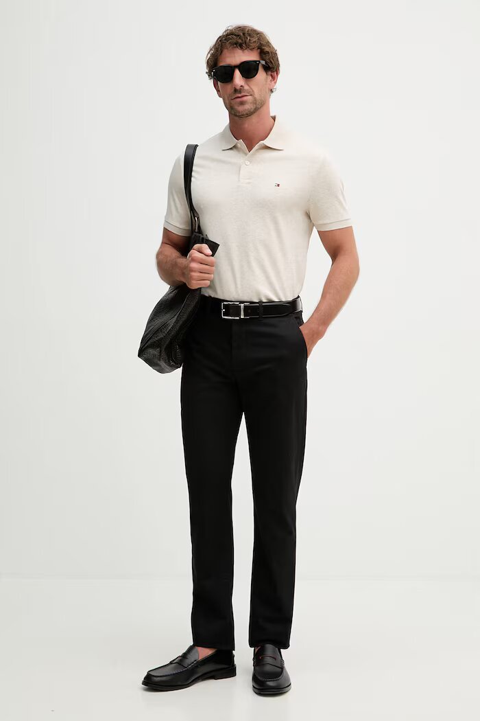 Tommy Hilfiger тениска с яка мъжка от памук бежова MW0MW39994