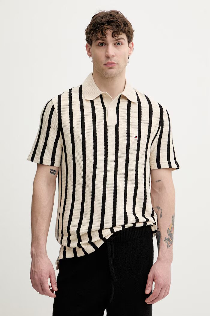 Tommy Hilfiger тениска с яка мъжка от памук бежова MW0MW42770